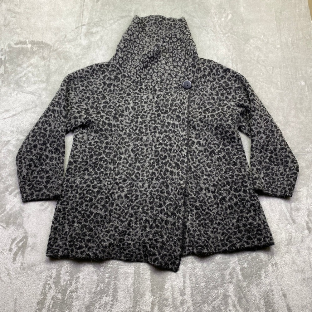 Christian Siriano New York Grey Leopard Wool Blend Funnel Neck Cardigan 1X Boho